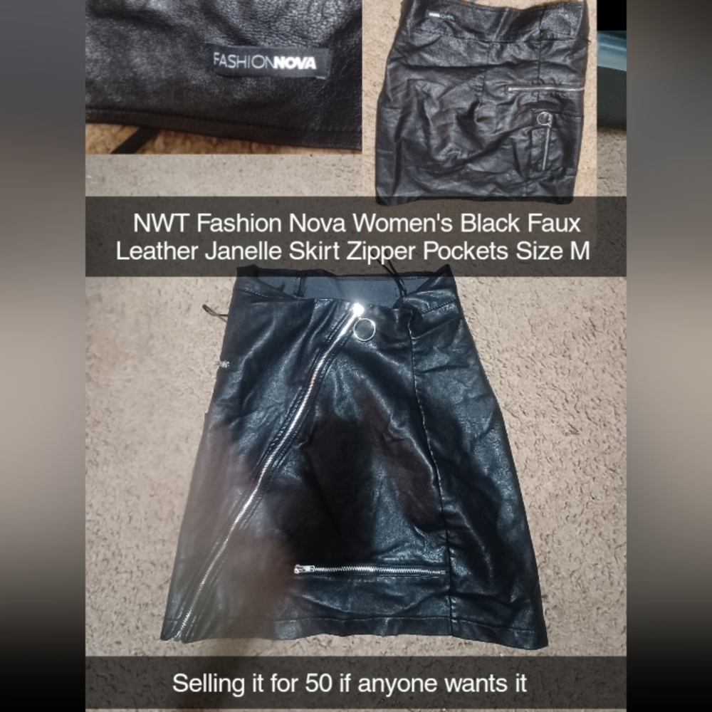 NWT Fashion Nova Women's Black Faux Leather Janelle Skirt Zipper Pockets Size M